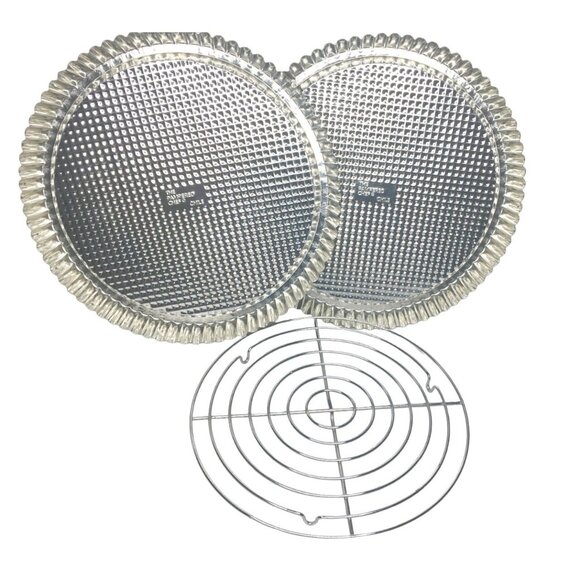 The Pampered Chef Flat Flan Tart Pan Set Two 10" + Cooling Rack NEW - Picture 1 of 4